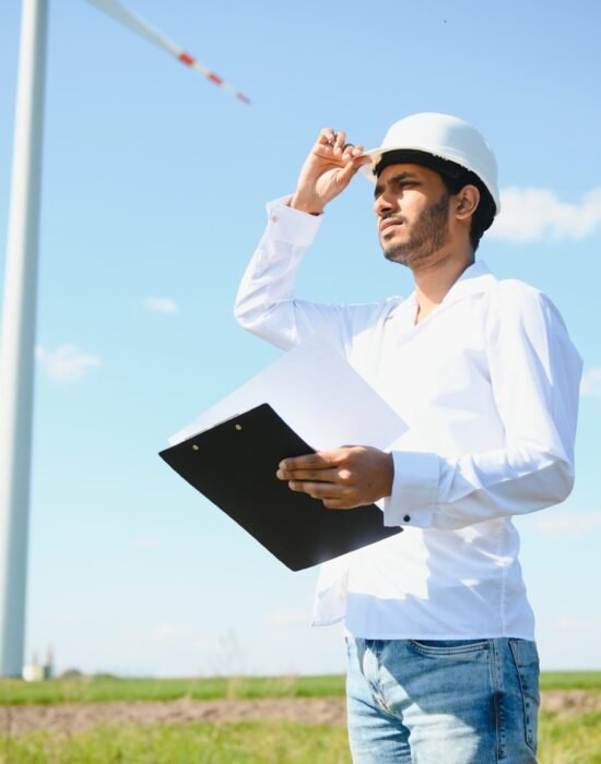 Engineer India man working at windmill farm Generating electricity clean energy. Wind turbine farm generator by alternative green energy. Asian engineer checking control electric power.