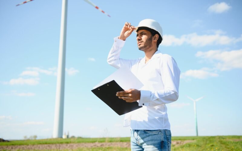 Engineer India man working at windmill farm Generating electricity clean energy. Wind turbine farm generator by alternative green energy. Asian engineer checking control electric power.